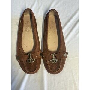 MINNETONKA BROWN SUEDE PEACE SIGN SLIP ON LOAFERS MOCCASINS FLATS SIZE 7.5 US